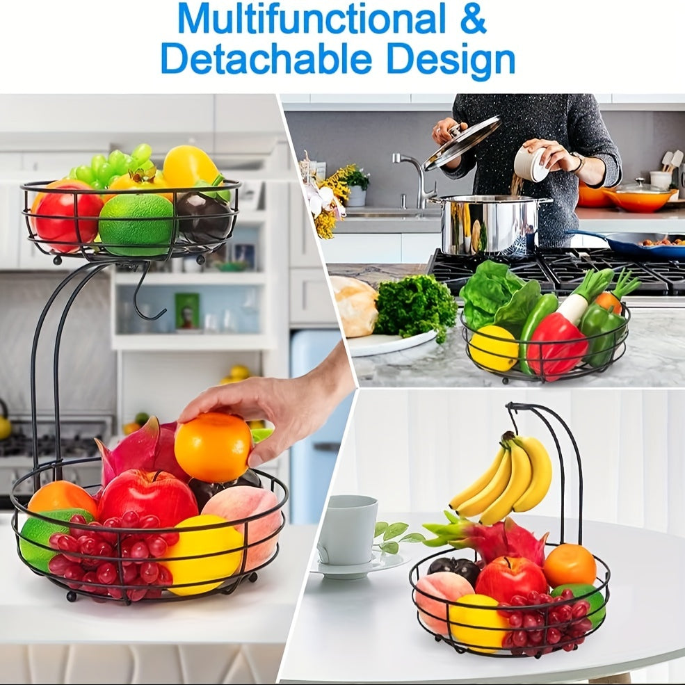 Corbeille à fruits à 2 niveaux avec porte-bananes en métal pour cuisine, plan de travail et rangement | Restfield