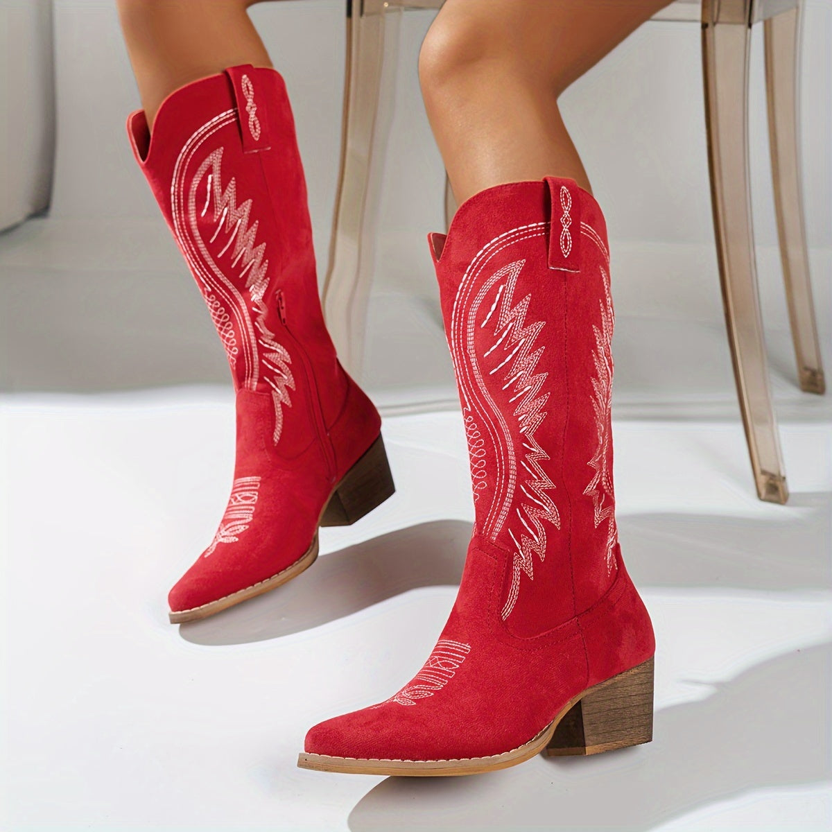 Western Laarzen Dames Cowboystijl Blokhak Stikseldetail Bordeaux Kameel Zwart Comfortabel Dagelijks Gebruik | Sansoti