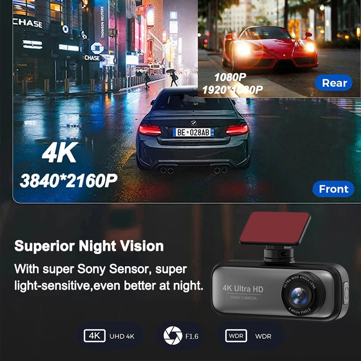 Dashcam à double caméra 4K Ultra HD avec Wi-Fi, GPS, surveillance du stationnement, grand angle à 170°, sécurité automobile, enregistrement et vision nocturne | Sansoti