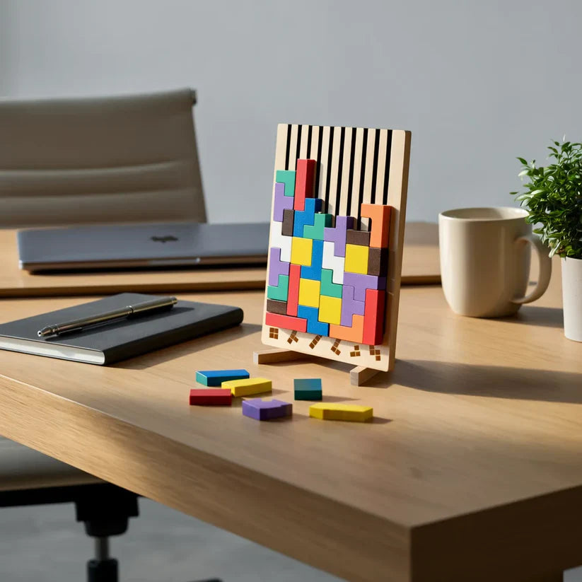 Houten Tetris Puzzel 31.5x19.8cm Ecokleuren Bureau Blokpuzzel Tangram Breinbreker Volwassenen Kinderen Kantoor Cadeau Speelgoed | Sansoti
