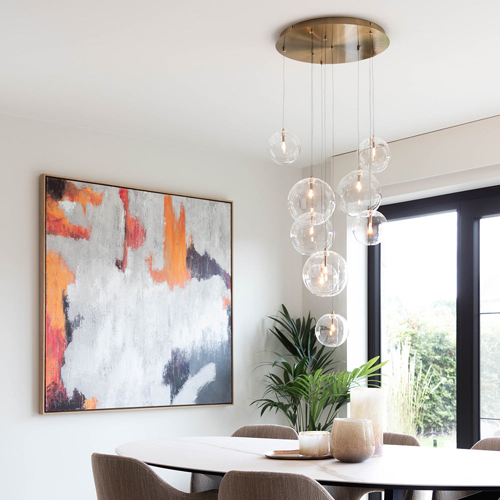 Cluster Hanglamp 9 Glazen Bollen Antiek Messing Verstelbaar 170cm Woonkamer | Sansoti