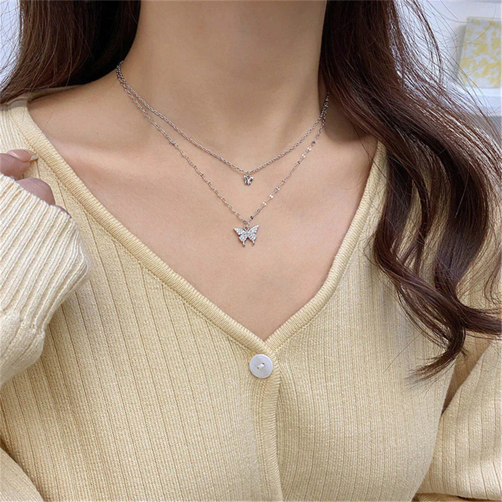 Gelaagde Sieraden Set Zilver met Vlinder Hanger Kristal voor Dagelijks Dragen | Sansoti