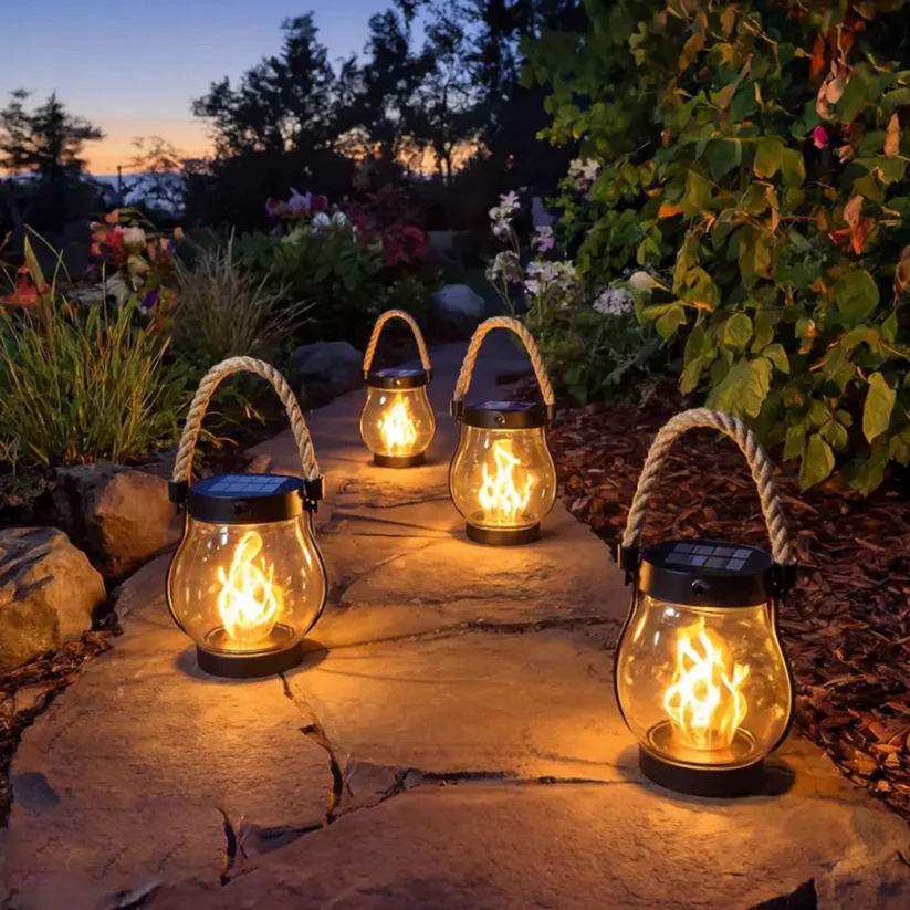 Solar Tuinlantaarn met Flakkerend Vlameffect Buitenverlichting Oplaadbaar Decoratief Metaal Brons Tuin | Sansoti