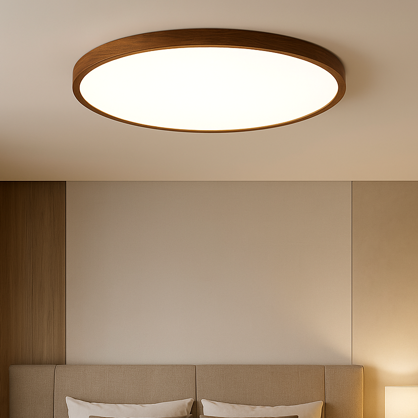 Plafonnier rond en bois foncé, LED 4500K, style scandinave, salle à manger, salon, hall, éclairage minimaliste | Sansoti