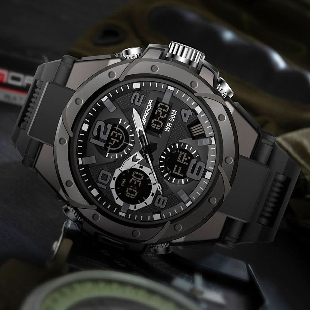 Heren Horloge Zwart met Analoog-Digitaal Display en Multifunctionele Functies – Militaire Stijl met RVS Kast en Siliconen Band | Sansoti