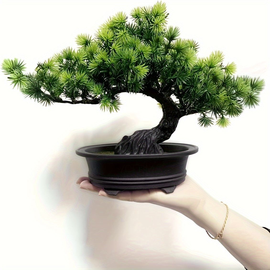Kunstbonsai 24 cm met zwarte pot, realistische dennennaalden, decoratief groen voor vensterbank, bureau en woonkamer | Sansoti