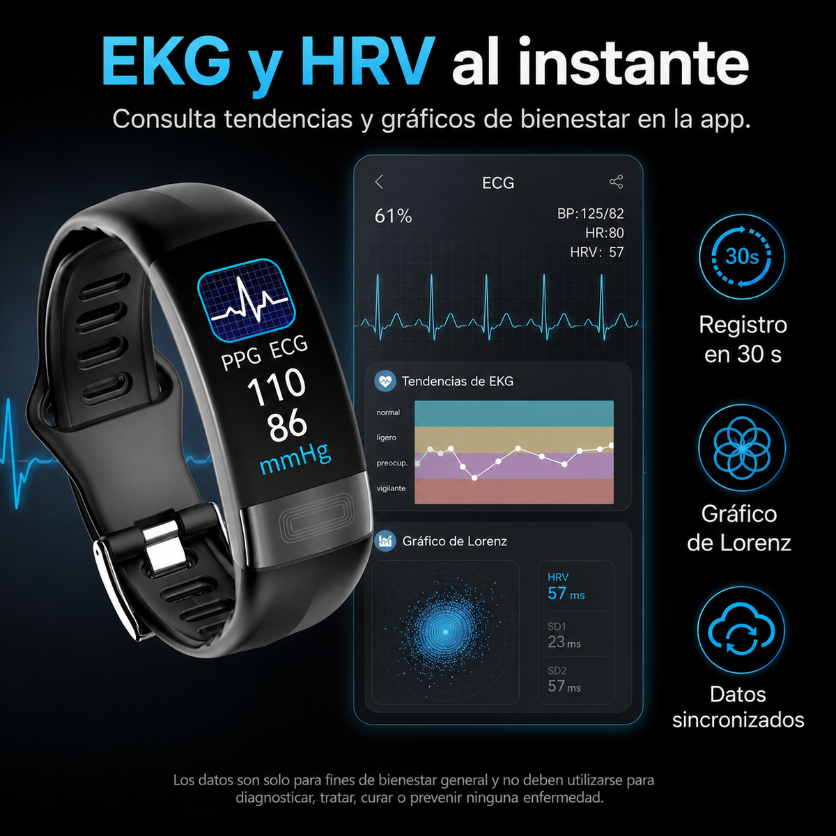 Bracelet de santé avec électrocardiogramme, cardiofréquencemètre, tensiomètre, SpO2, suivi du sommeil, étanche IP67, montre connectée de fitness | Sansoti