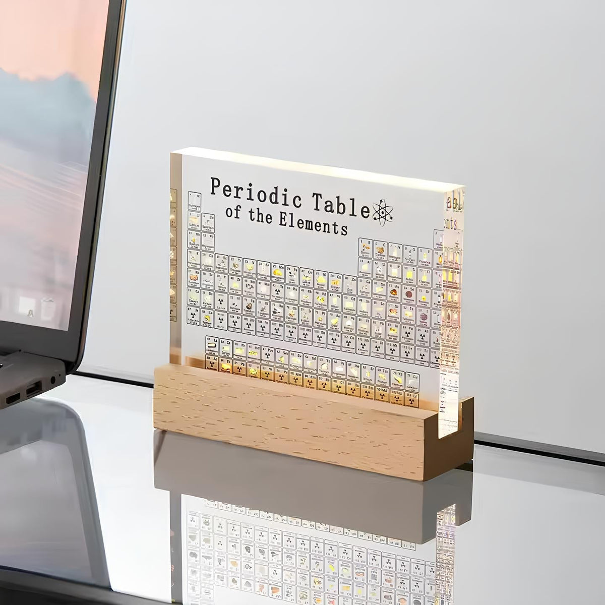 Beleuchtete Darstellung des Periodensystems mit 83 Elementen Acryl Holz Lehrreich Dekoratives Tischornament Wissenschaft | Sansoti