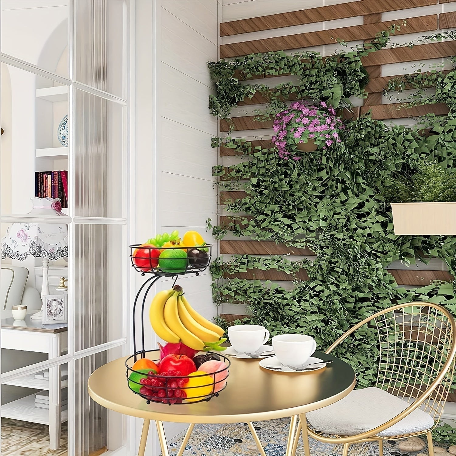 Corbeille à fruits à 2 niveaux avec porte-bananes en métal pour cuisine, plan de travail et rangement | Restfield