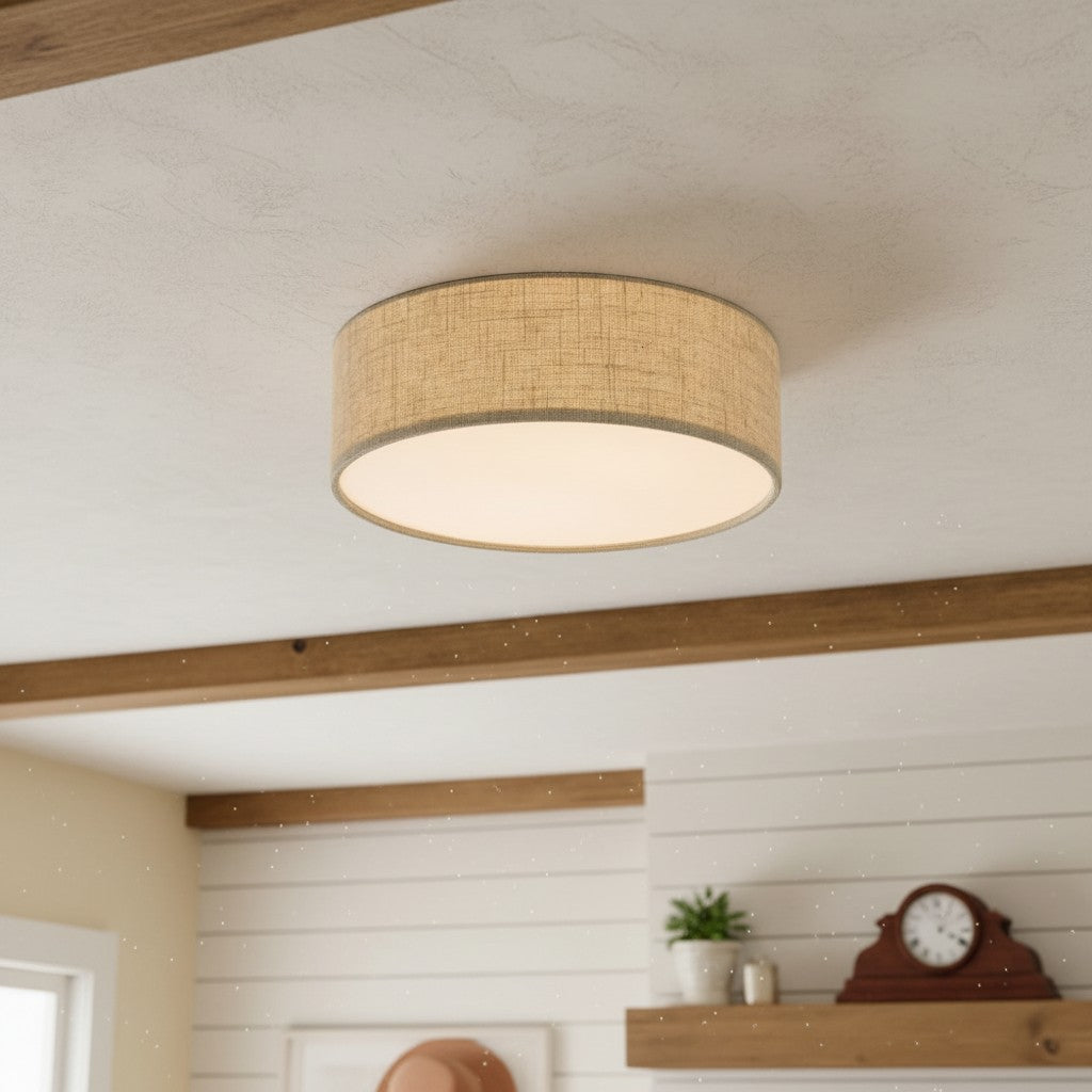 Linen ceiling lamp with drum shade, modern design, E27 socket, Scandinavian style, bedroom, living room | Sansoti