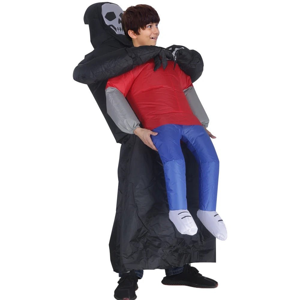 Opblaasbaar Magere Hein Kostuum met Capuchon Halloween Feest Outfit Volwassenen Doodskop Zwart Carnaval | Sansoti