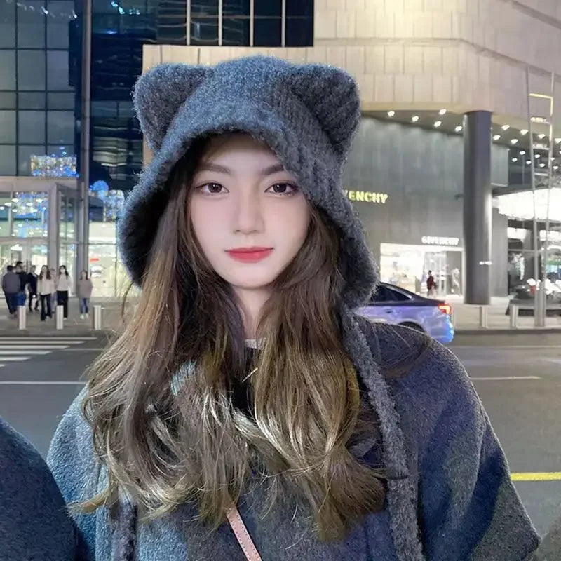 Knitted hooded hat with bear ears wool women's winter warm knitted tie band one size comfortable | Sansoti