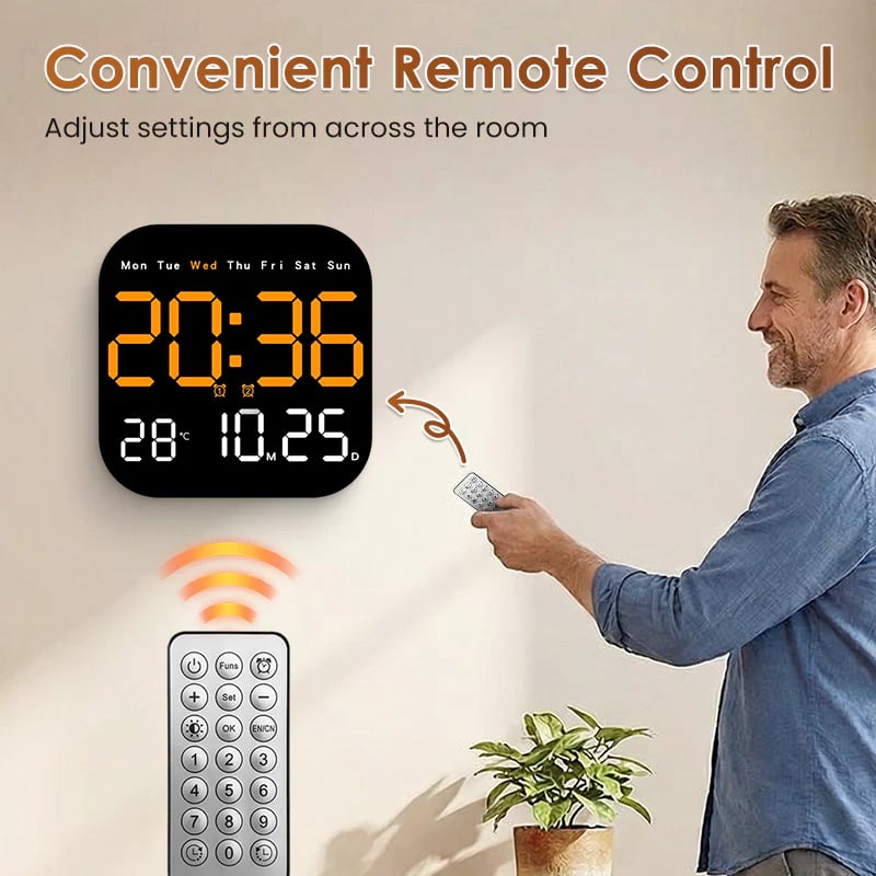 Digital Wall Clock with Remote Control Temperature Display Date Dimmable Modern Design for Office Bedroom | Sansoti