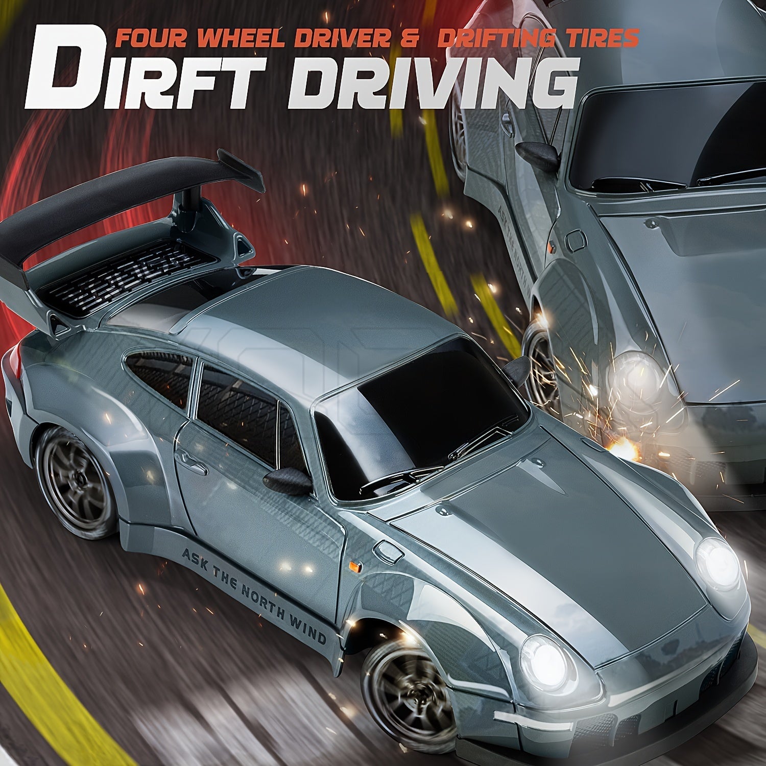 RC drift auto 1:24 4WD grijs met verlichte wielen afstandsbediening extra banden driftauto speelgoed auto usb oplaadbaar | Sansoti