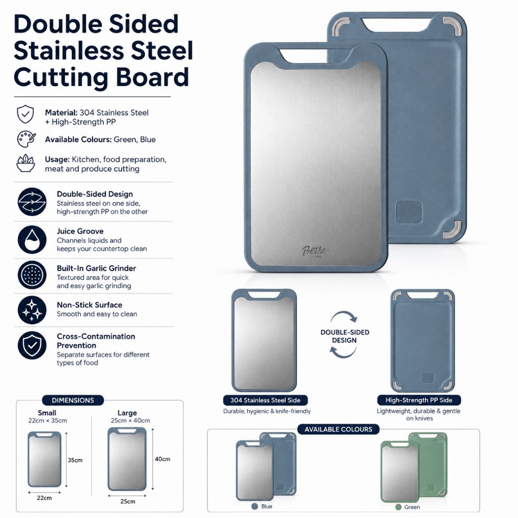 Double-Sided Stainless Steel & PP Cutting Board with Juice Groove Garlic Grater Antibacterial Kitchen Hygienic Cleaning | Sansoti