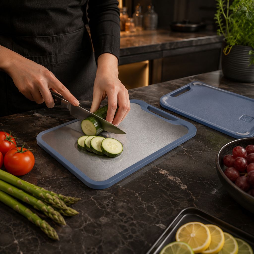 Double-Sided Stainless Steel & PP Cutting Board with Juice Groove Garlic Grater Antibacterial Kitchen Hygienic Cleaning | Sansoti