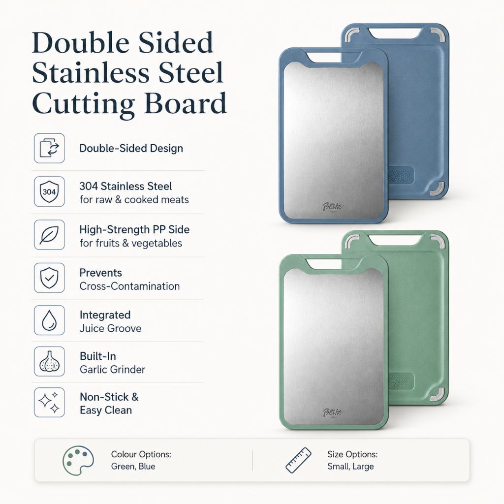 Double-Sided Stainless Steel & PP Cutting Board with Juice Groove Garlic Grater Antibacterial Kitchen Hygienic Cleaning | Sansoti