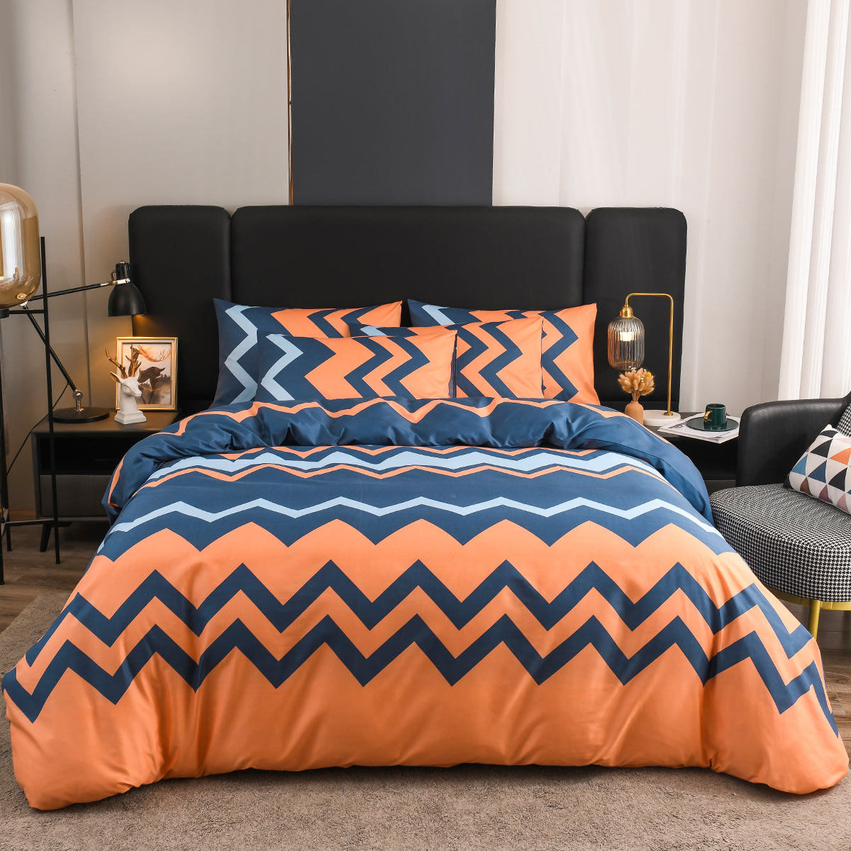 Duvet Cover Abstract Geometric Pattern Blue Orange Zigzag Modern Retro Stylish Soft Single | Sansoti