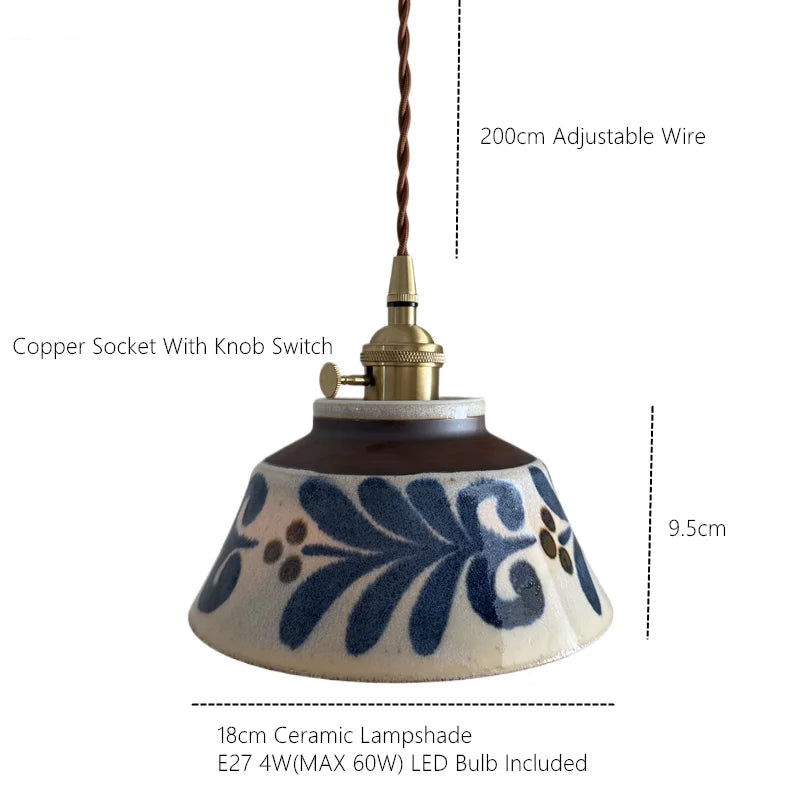 Suspension en céramique peinte à la main design scandinave avec douille en cuivre, motif floral pour table à manger, cuisine et chambre | Restfield