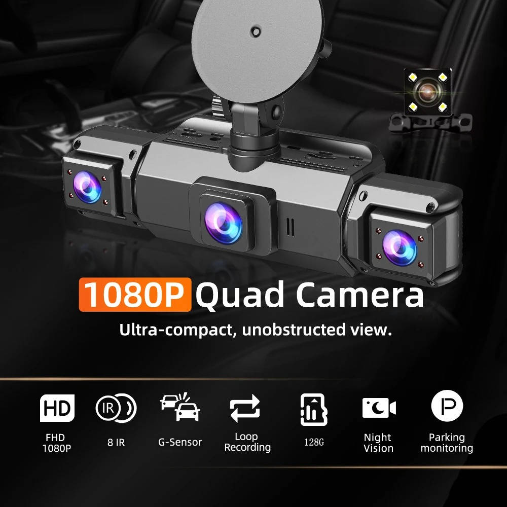 Kabellose Dashcam mit 4 Kameras, 1920P HD-Nachtsicht, Parküberwachung, WLAN-App, Fahrer vorne und hinten | Sansoti
