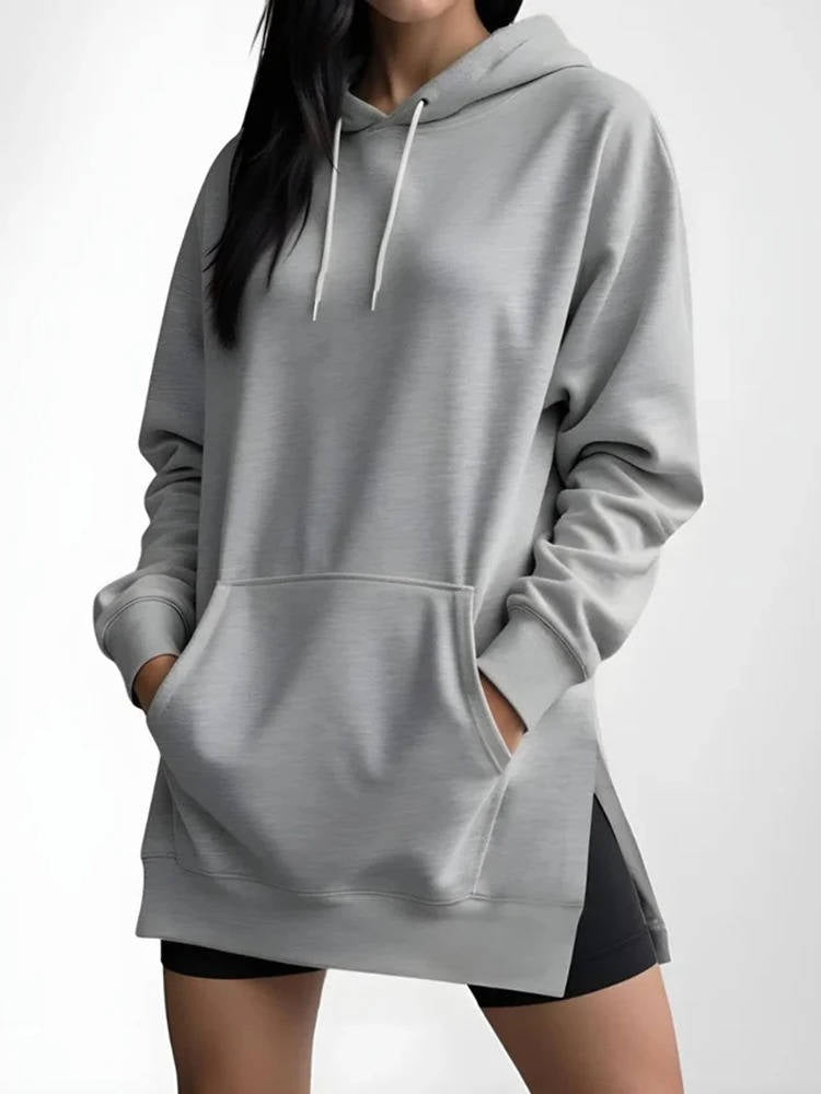 Women's Oversized Cotton-Lined Hoodie Dress with Hood, Long Sleeves and Pockets - Casual, Comfortable Loungewear | Sansoti