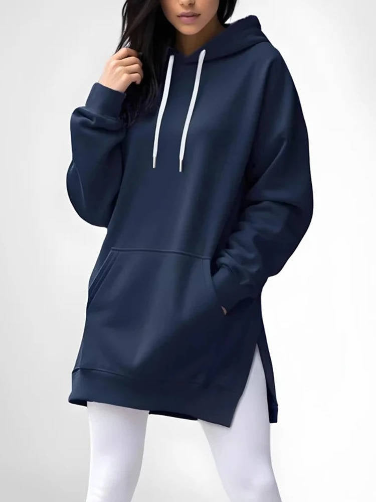 Women's Oversized Cotton-Lined Hoodie Dress with Hood, Long Sleeves and Pockets - Casual, Comfortable Loungewear | Sansoti
