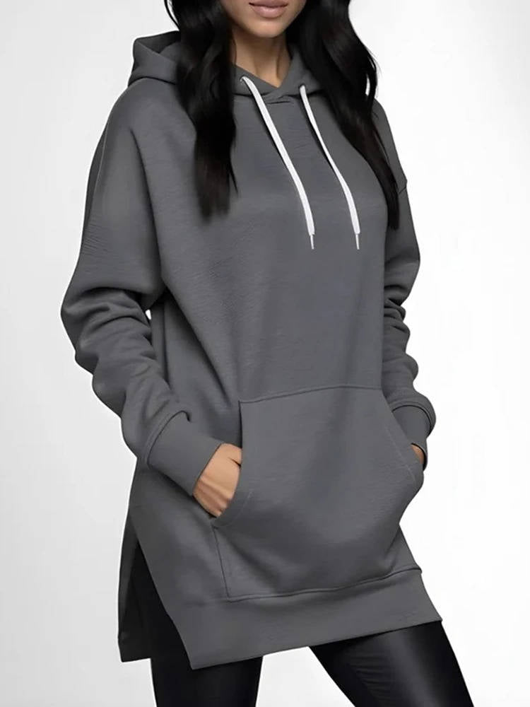 Women's Oversized Cotton-Lined Hoodie Dress with Hood, Long Sleeves and Pockets - Casual, Comfortable Loungewear | Sansoti