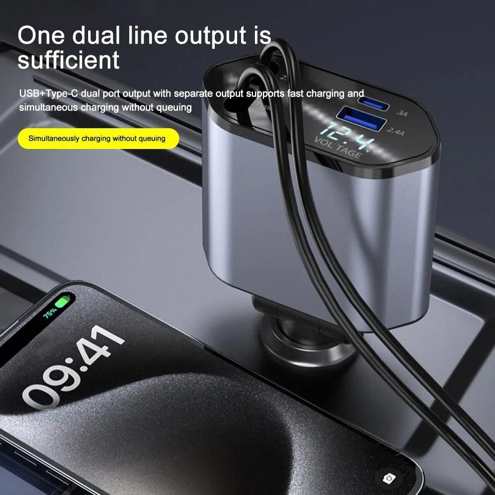 Chargeur de voiture rétractable 120 W à double port USB, charge rapide, adaptateur pour allume-cigare et chargeur de téléphone pour voiture | Sansoti
