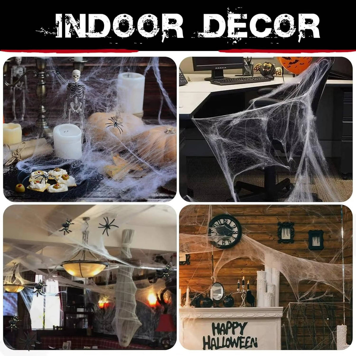 Rekbaar Spinnenweb Decoratieset 18 m² met 9 Kunststof Spinnen Halloween Griezelfeest Decoratie Binnen Buiten | Sansoti