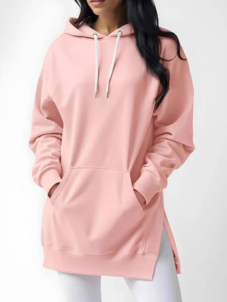 Women's Oversized Cotton-Lined Hoodie Dress with Hood, Long Sleeves and Pockets - Casual, Comfortable Loungewear | Sansoti