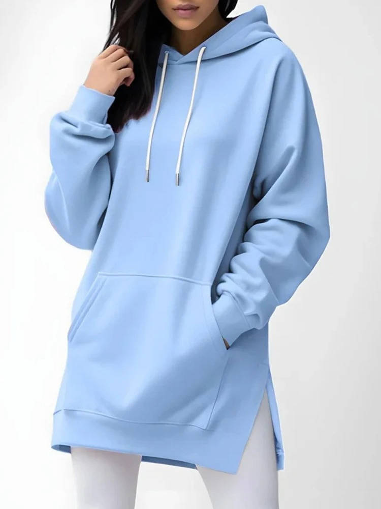 Women's Oversized Cotton-Lined Hoodie Dress with Hood, Long Sleeves and Pockets - Casual, Comfortable Loungewear | Sansoti