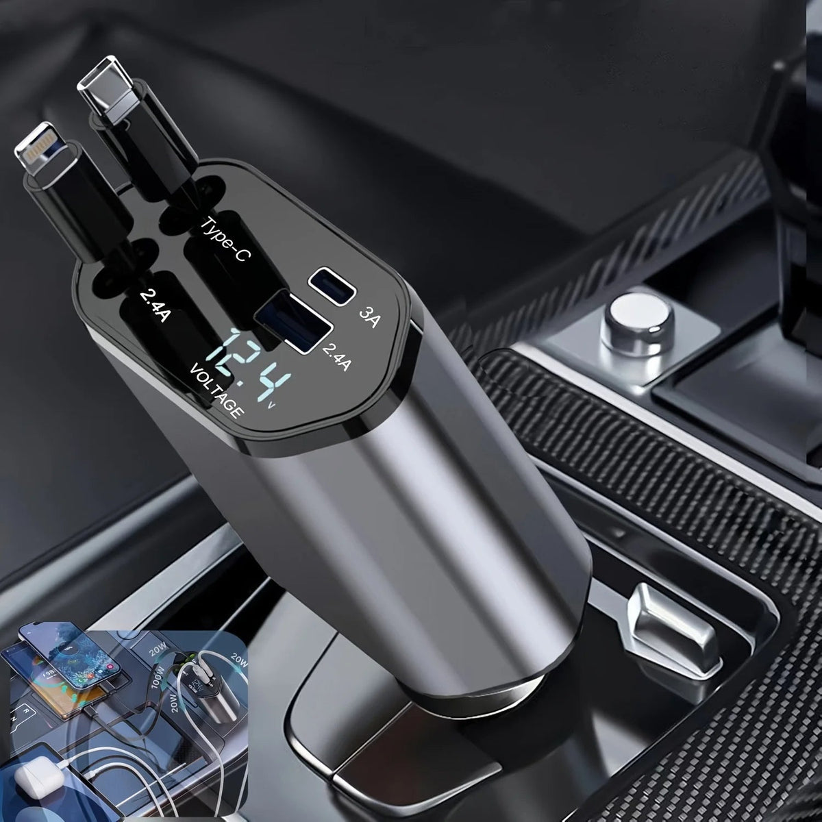 Chargeur de voiture rétractable 120 W à double port USB, charge rapide, adaptateur pour allume-cigare et chargeur de téléphone pour voiture | Sansoti