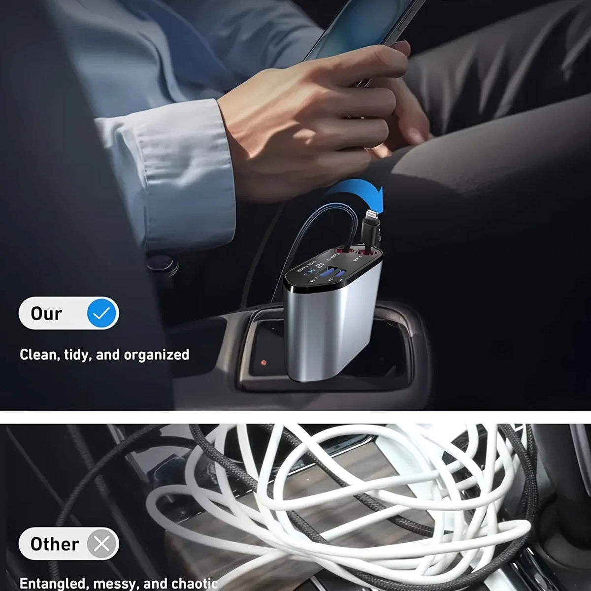 Chargeur de voiture rétractable 120 W à double port USB, charge rapide, adaptateur pour allume-cigare et chargeur de téléphone pour voiture | Sansoti