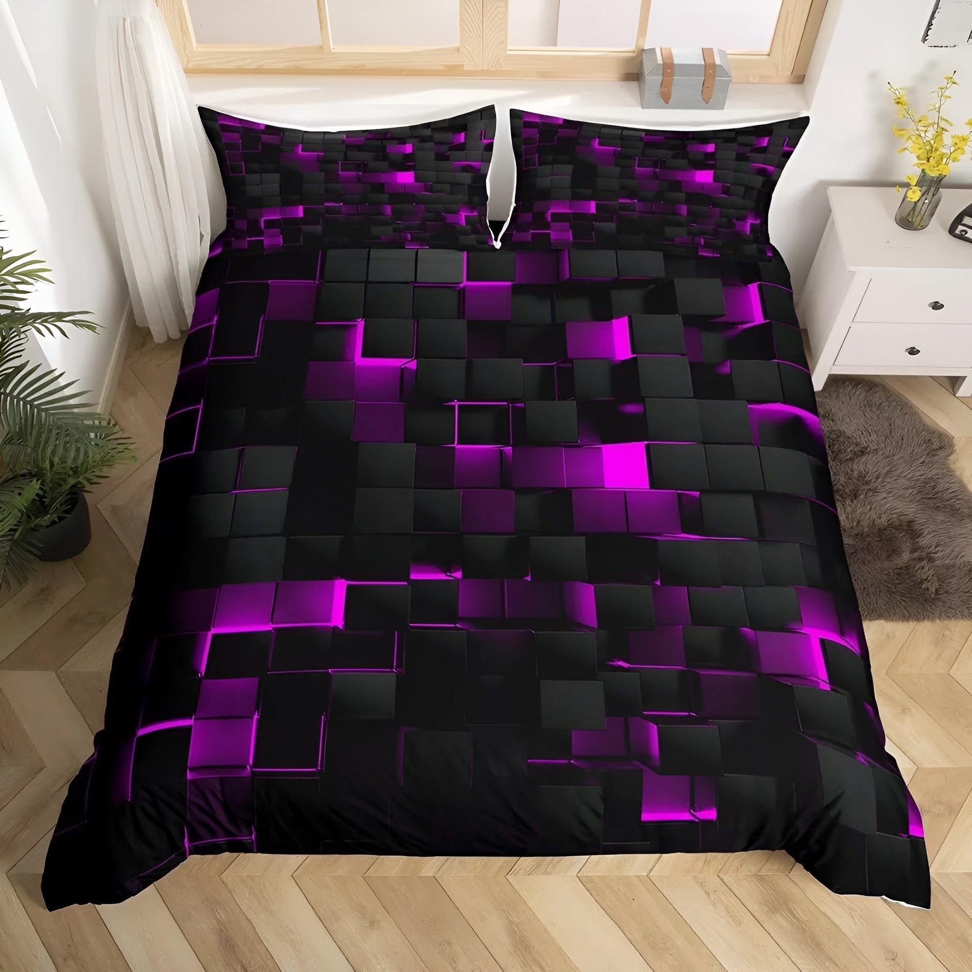 Geometrisch Dekbedovertrek Set met Neon 3D Grid Print | Ademend Microfiber Katoen voor Comfortabele Slaap | Modern Slaapkamer Textiel in Meerdere Kleuren Twin Full Queen King | Sansoti