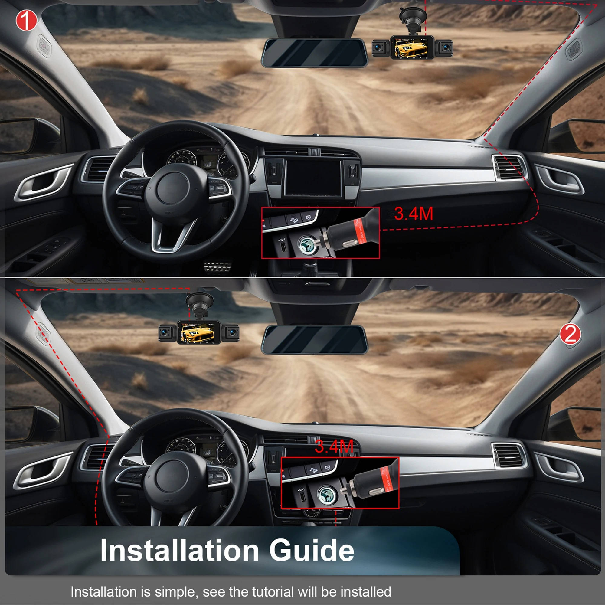 Kabellose Dashcam mit 4 Kameras, 1920P HD-Nachtsicht, Parküberwachung, WLAN-App, Fahrer vorne und hinten | Sansoti