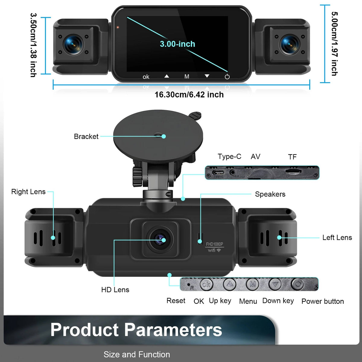 Kabellose Dashcam mit 4 Kameras, 1920P HD-Nachtsicht, Parküberwachung, WLAN-App, Fahrer vorne und hinten | Sansoti