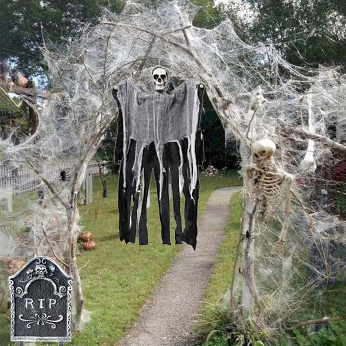 Rekbaar Spinnenweb Decoratieset 18 m² met 9 Kunststof Spinnen Halloween Griezelfeest Decoratie Binnen Buiten | Sansoti