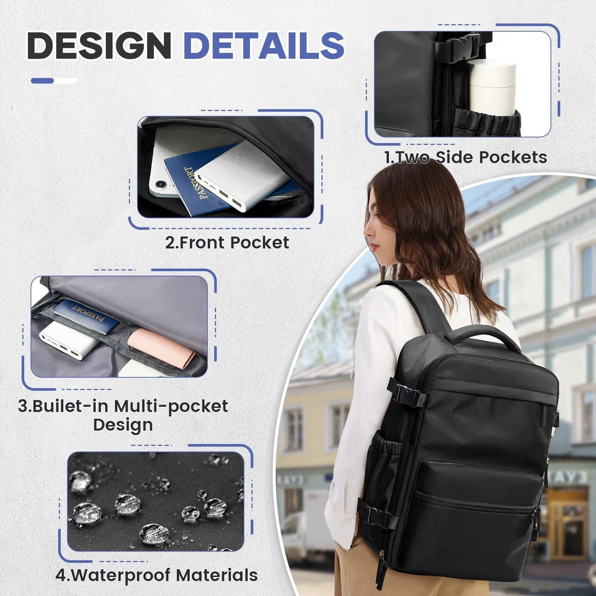 Kompressions-Reiserucksack mit Vakuumpumpe 42x28x15cm, wasserdicht, Oxford, Laptopfach 17 Zoll, Schwarz Beige Grau | Sansoti