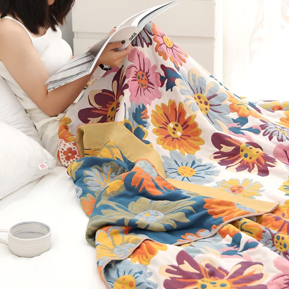 Katoenen Plaid met Kleurrijk Bloemdesign – Zacht & Omkeerbaar – Multifunctioneel voor Bank of Bed | Sansoti