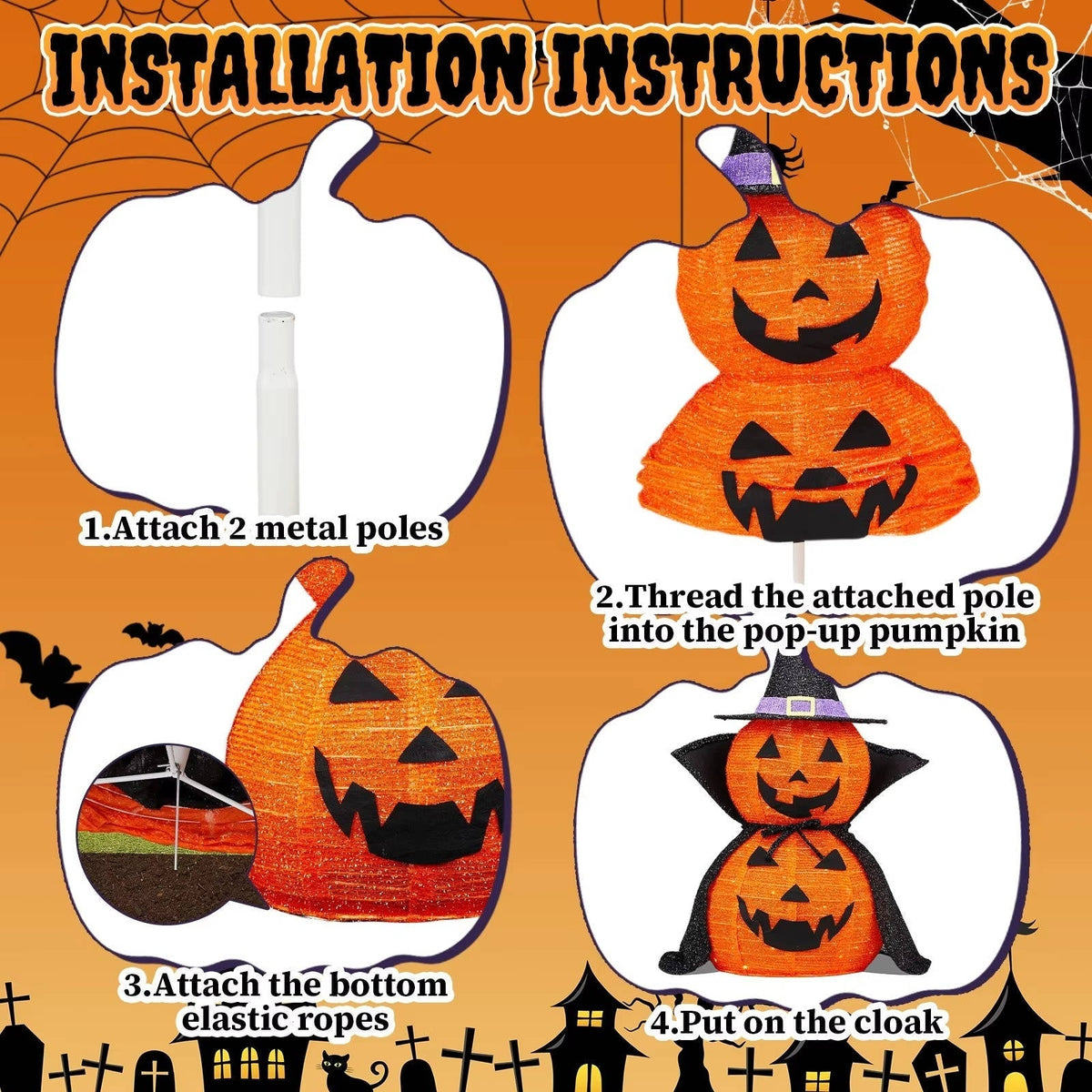 Opvouwbare Verlichte Pompoenen 90cm Halloween Tuindecoratie Set van 2 Stuks met LED Verlichting Binnen Buiten | Sansoti