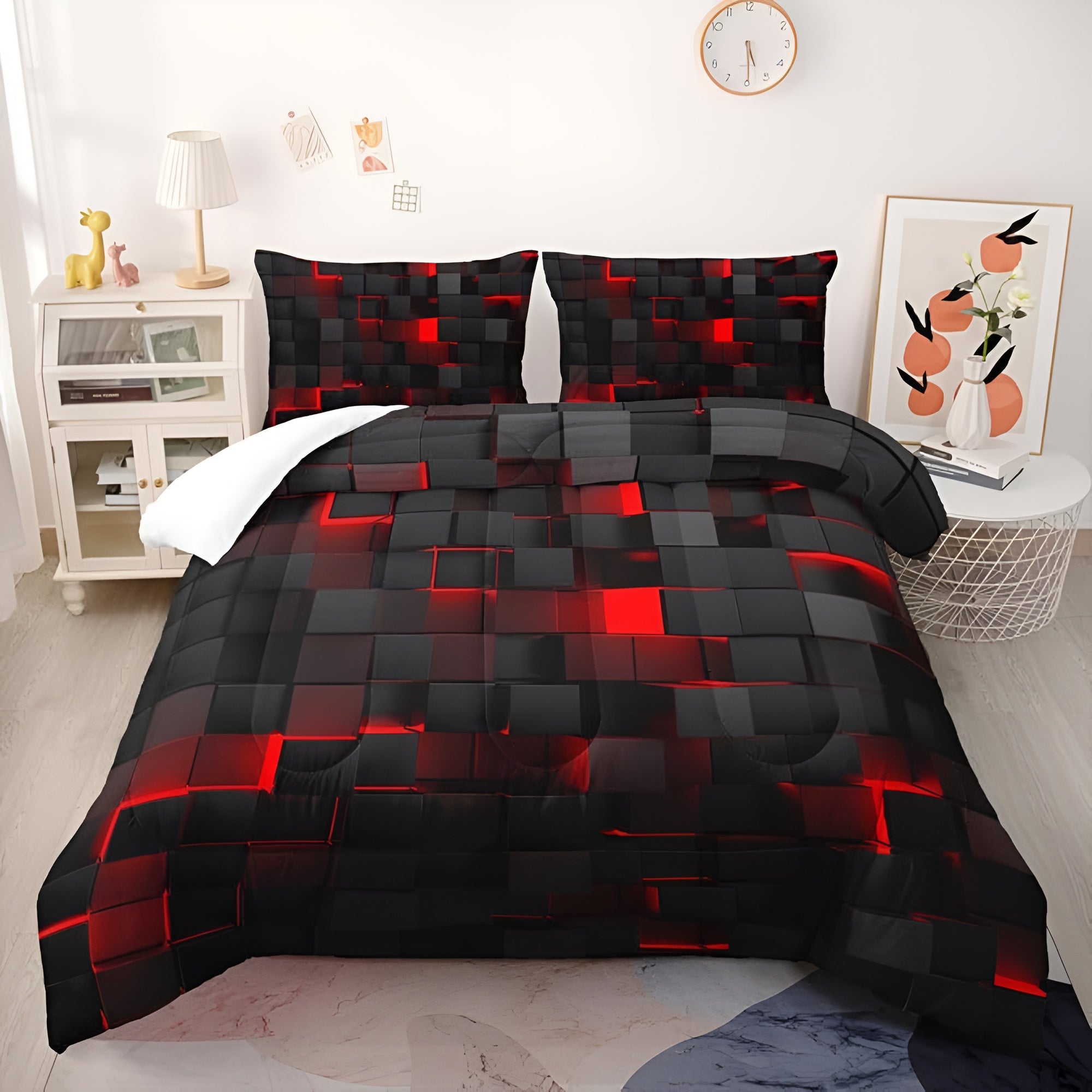Geometrisch Dekbedovertrek Set met Neon 3D Grid Print | Ademend Microfiber Katoen voor Comfortabele Slaap | Modern Slaapkamer Textiel in Meerdere Kleuren Twin Full Queen King | Sansoti