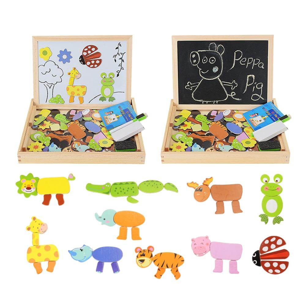 Magnetisch Teken- en Puzzelbord Hout – Dubbelzijdig Whiteboard en Schoolbord – Educatief Speelgoed met Magnetische Stukken – 30x23x3 cm | Sansoti