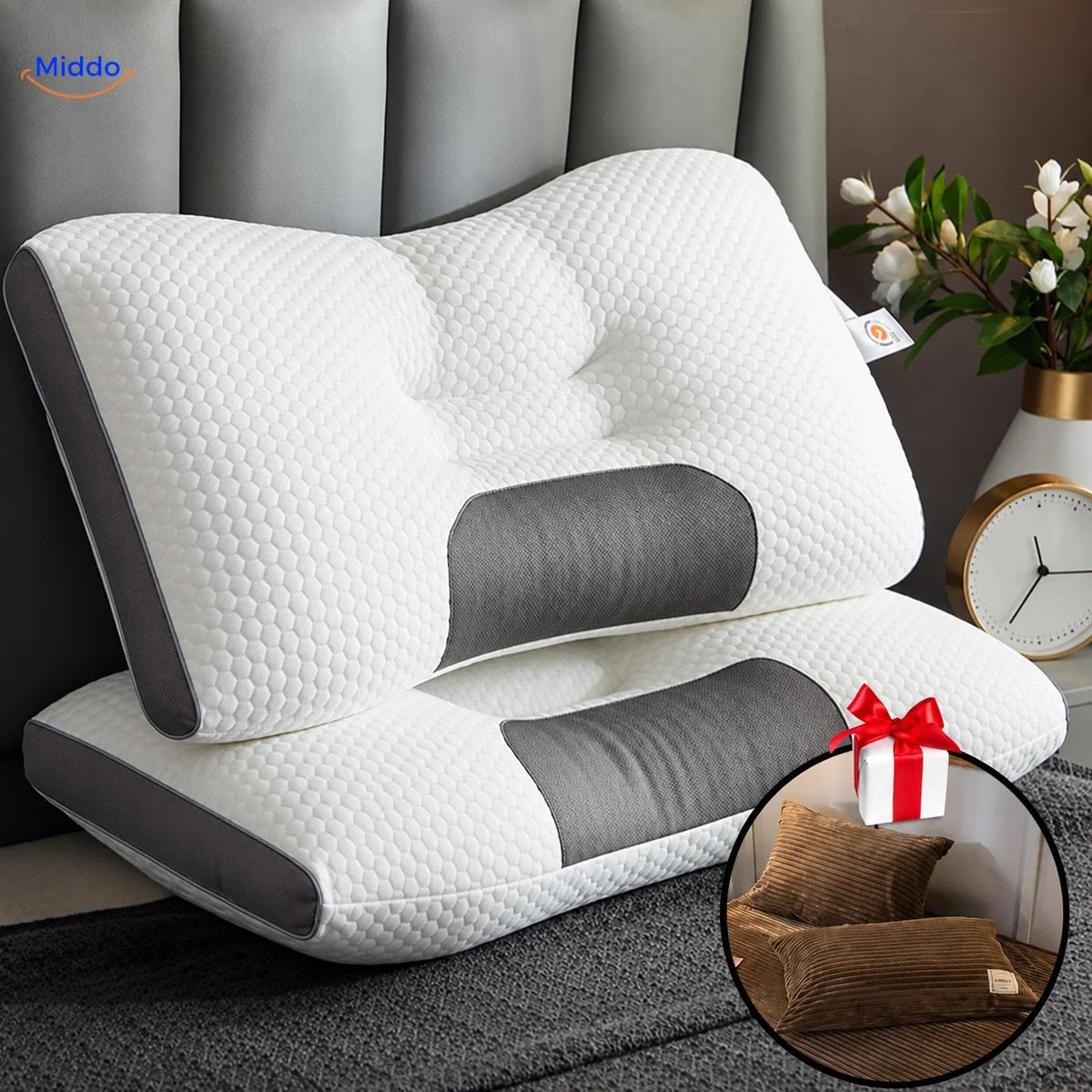Ergonomisch Neksteunkussen Memory Foam voor Rug- en Zijslapers 48x74cm met Kussenslopen Optimale Neksteun | Sansoti