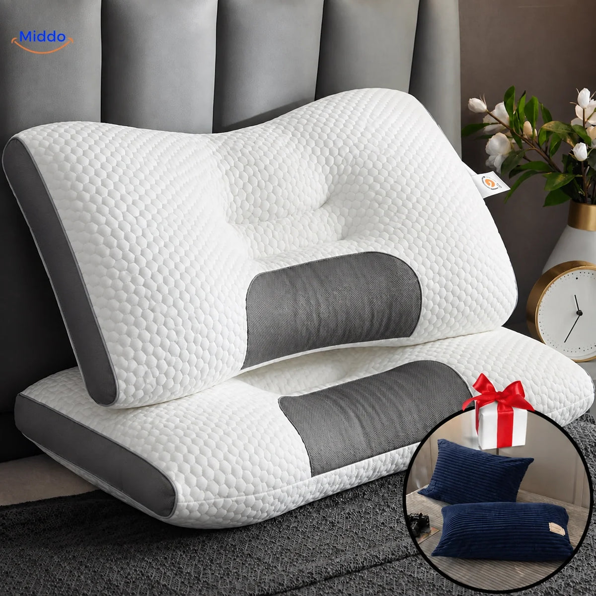 Ergonomisch Neksteunkussen Memory Foam voor Rug- en Zijslapers 48x74cm met Kussenslopen Optimale Neksteun | Sansoti
