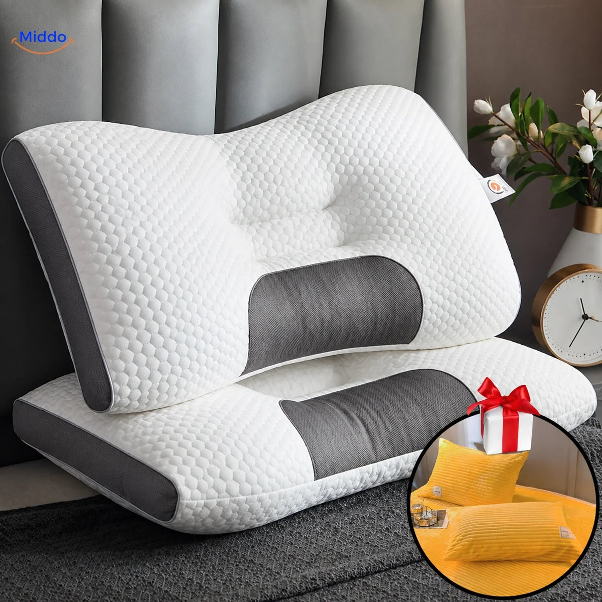 Ergonomisch Neksteunkussen Memory Foam voor Rug- en Zijslapers 48x74cm met Kussenslopen Optimale Neksteun | Sansoti
