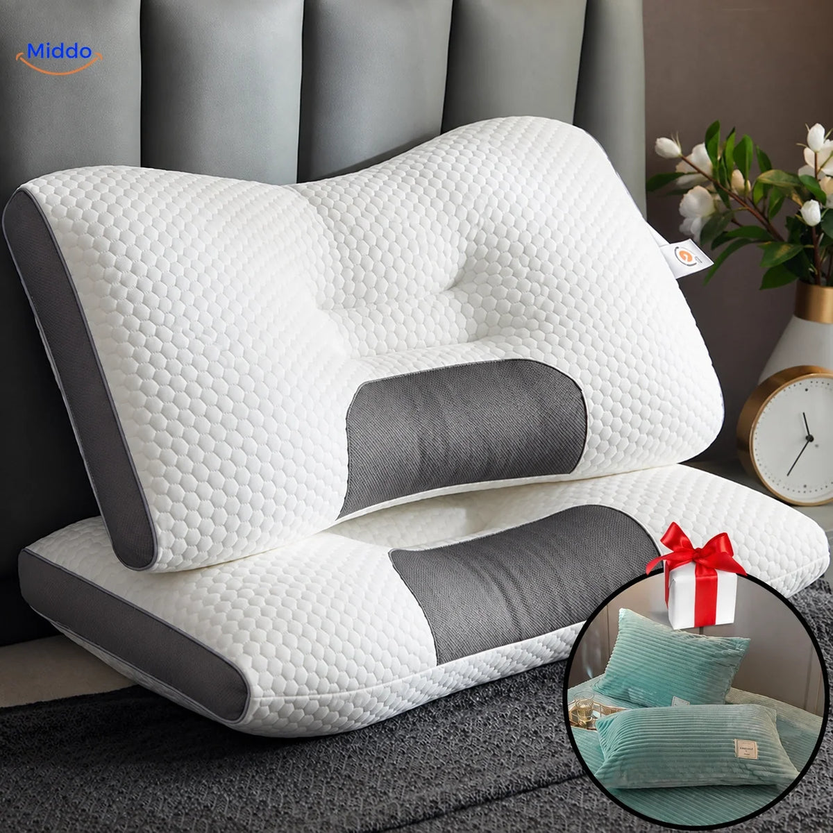 Ergonomisch Neksteunkussen Memory Foam voor Rug- en Zijslapers 48x74cm met Kussenslopen Optimale Neksteun | Sansoti