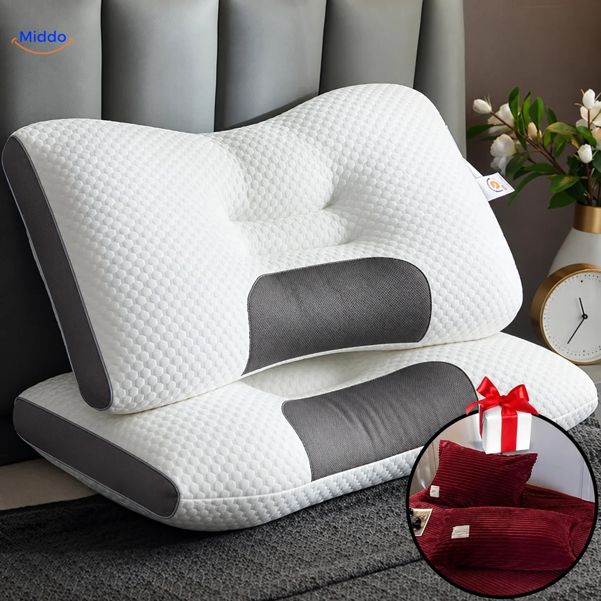 Ergonomisch Neksteunkussen Memory Foam voor Rug- en Zijslapers 48x74cm met Kussenslopen Optimale Neksteun | Sansoti
