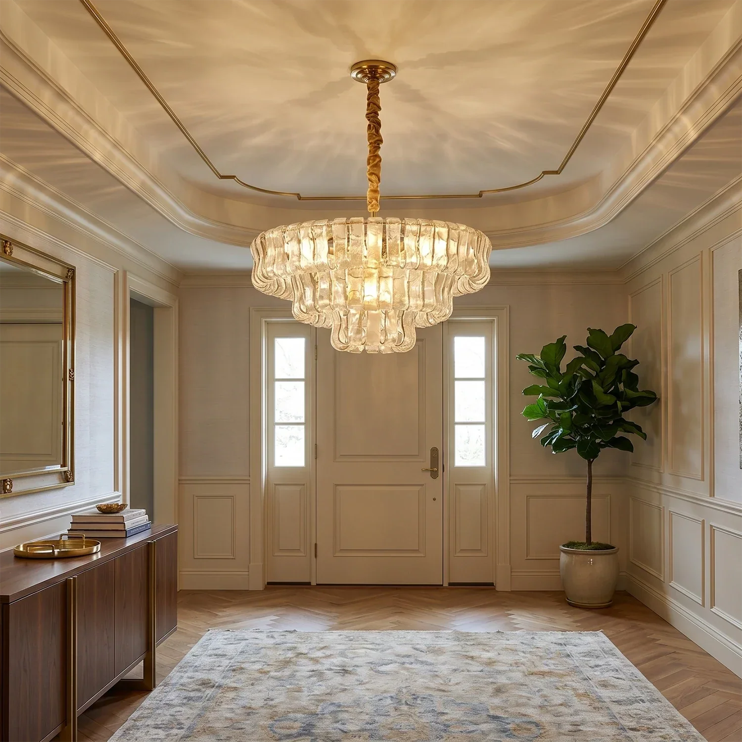 Lustre rond en verre texturé avec structure métallique multicouche À intensité variable et réglable 60-152cm pour salon | Sansoti