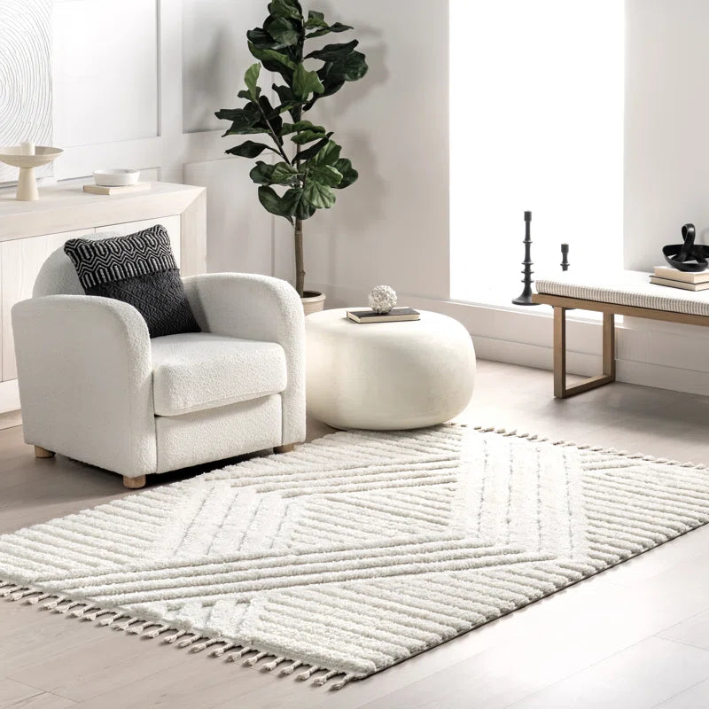 Tapis Japandi Poils Longs Géométrique Franges Crème Polypropylène Salon Chambre | Restfield