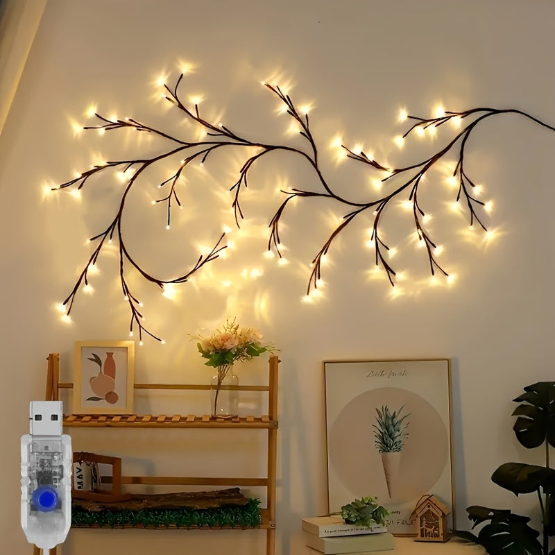 Éclairage mural en branches de saule avec 96 points lumineux LED, blanc chaud, USB, applique murale décorative, éclairage d’ambiance intérieur | Sansoti
